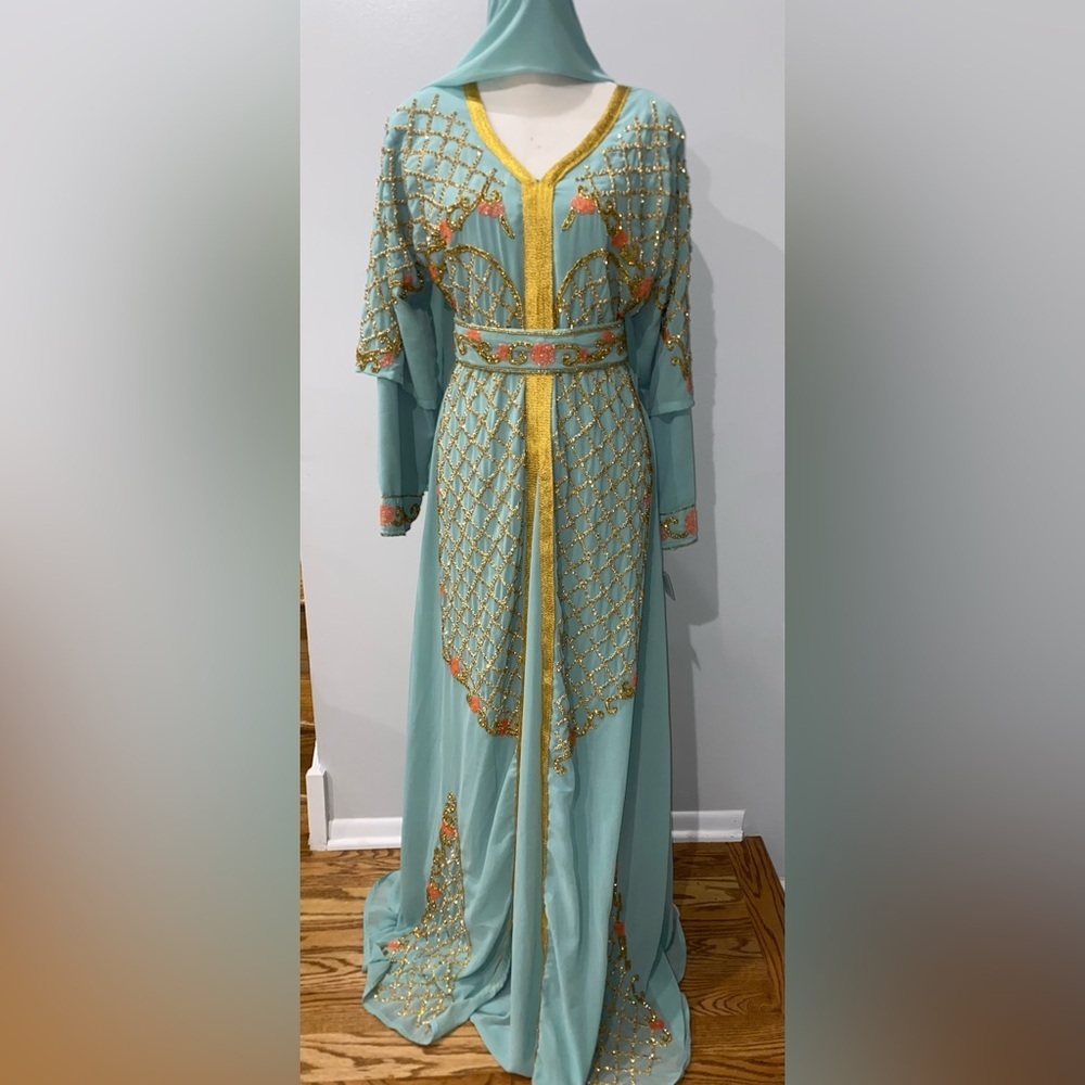 Blue & Gold fully beaded chiffon maxi kaftan with scarf size medium new - Picture 5 of 10